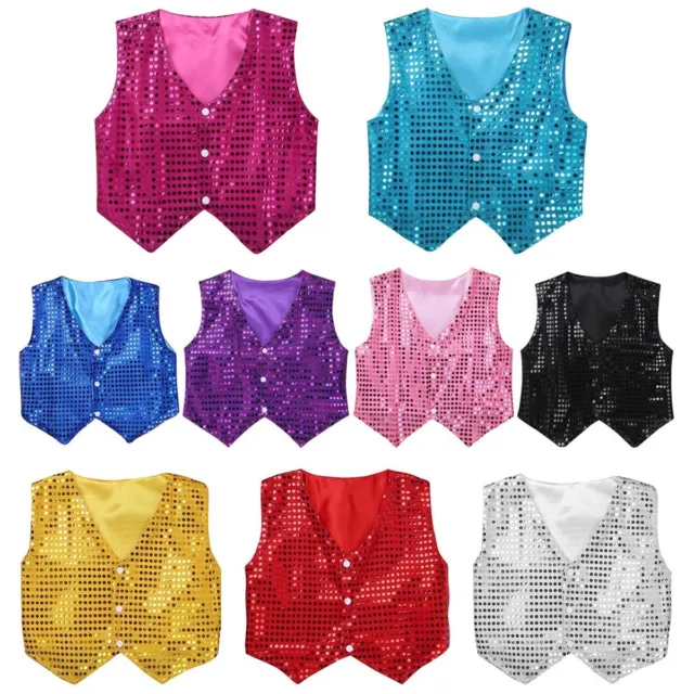 Kids Boys Dance Stage Performance Costume Shiny Sequined Vest Party Waistcoat