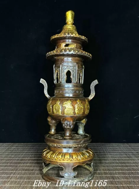 11.8" Old Bronze Gilt God of Wealth Stupa Pagoda Tower Incense Burner Censer