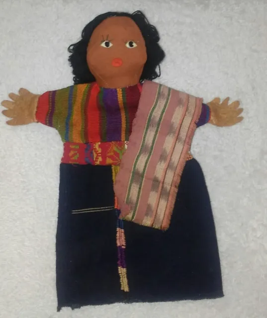 Rare PERUVIAN HANDPUPPET Original Handmade Hand Puppet Brown Black Hair VINTAGE