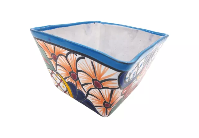 Mexican Talavera "Cuadrito Pirámide" Planter Hand Painted - Light Blue Trim