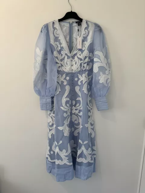 BNWT Karen Millen Dress Size 8 Blue White Organza Pearl Long Sleeve Maxi Dress