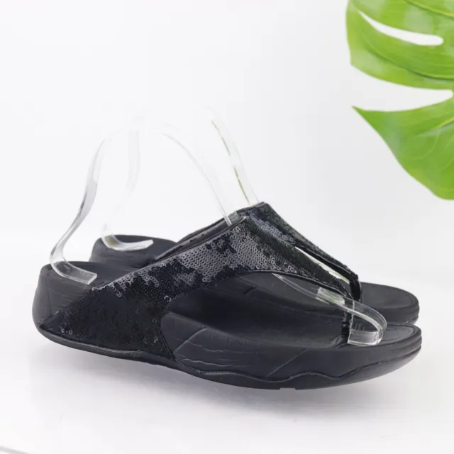 Fitflop Women's Electra Sandal Size 8 Thong Platform Slide Black Sequins Flip