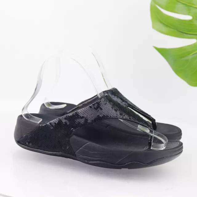 Fitflop Women's Electra Sandal Size 8 Thong Platform Slide Black Sequins Flip