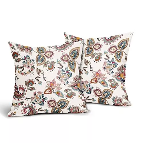 Kawani Paisley Floral Decorative Throw Pillow Covers 2 Pcs 18x18 Inches -Beige B