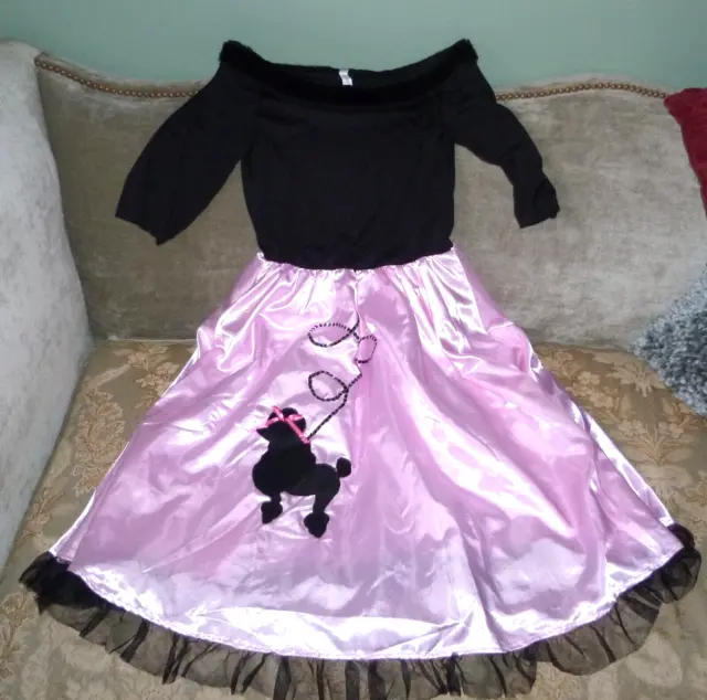 1950's Poodle Skirt Dress Costume Women's L Pink Black Sequins Scoop Fur Collar
