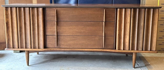 United Furniture Corporation Walnut Sculptural Concave Top Long Dresser Credenza