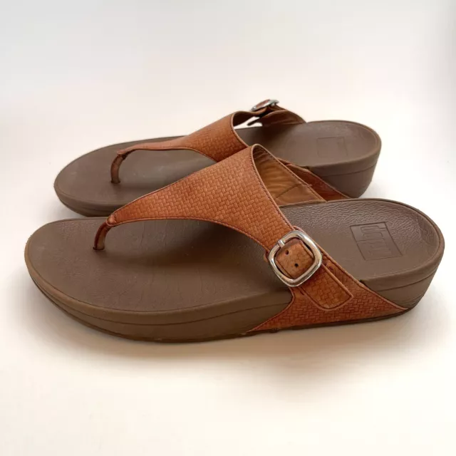 FitFlop Womens Size 8 Brown Leather The Skinny Thong Buckle Wedge Slide Sandals 5