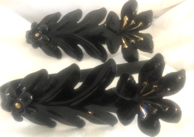 Vintage  Drapery Curtain Pull Back Ties  Embossed Metal Black Gloss Leaf Floral 3