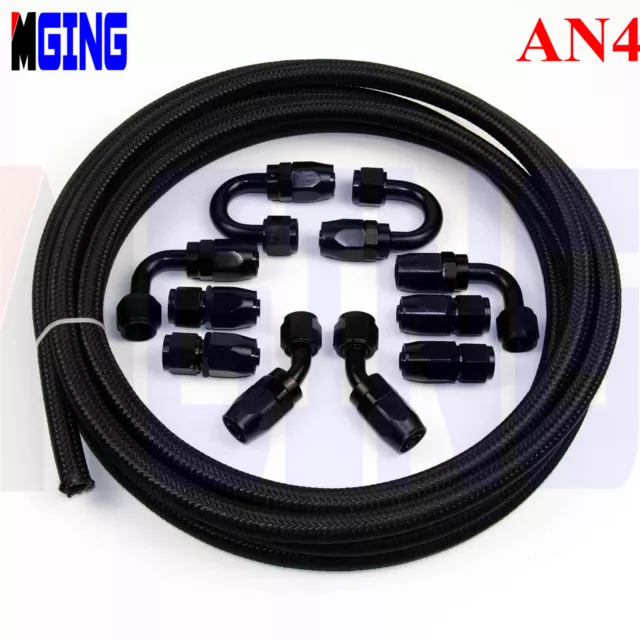 4an an4 4 Braided Nylon Line Oil Fuel Hose Fittings Hose End Kit BLACK 16.4FT