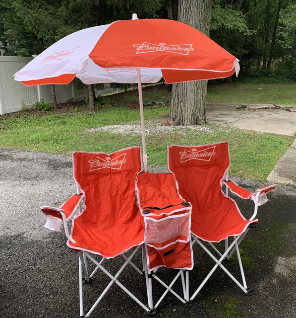 BUDWEISER PORTABLE FOLDING Picnic Double Chair W/Umbrella Table Cooler