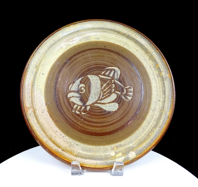 Studio Art Pottery Wax Resist Fish Design Wheel Thrown Stoneware 11 5/8" Plate