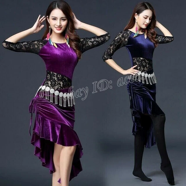 Lady Velvet Dance Dress Latin Lace Floral Ruffle Tango Salsa Rumba Costume Sexy