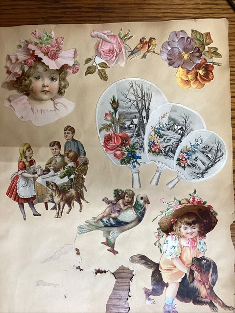 Página de libro de recortes troquelada de colección del siglo XIX con tarjetas victorianas y troquelados en ambos lados