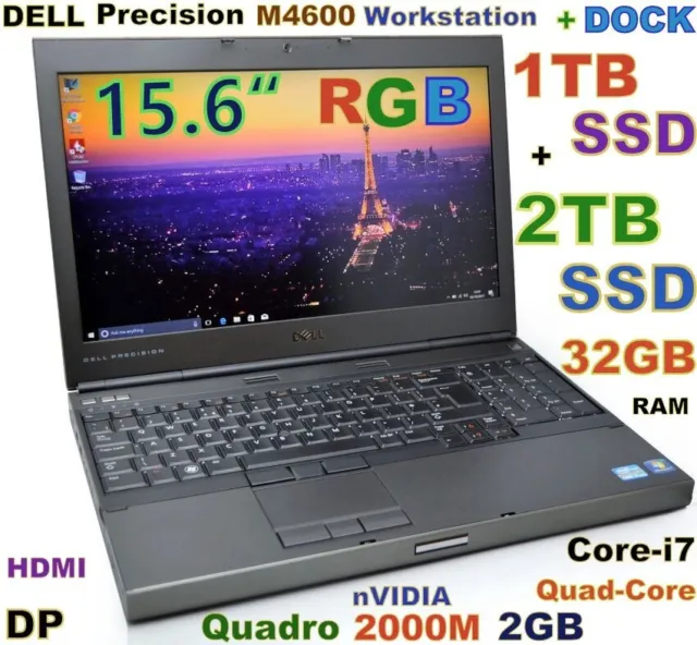Workstation DELL M4600 15.6 RGB i7-QUAD Fast 3TB SSD DVDRW 32GB Quadro 2000 DOCK