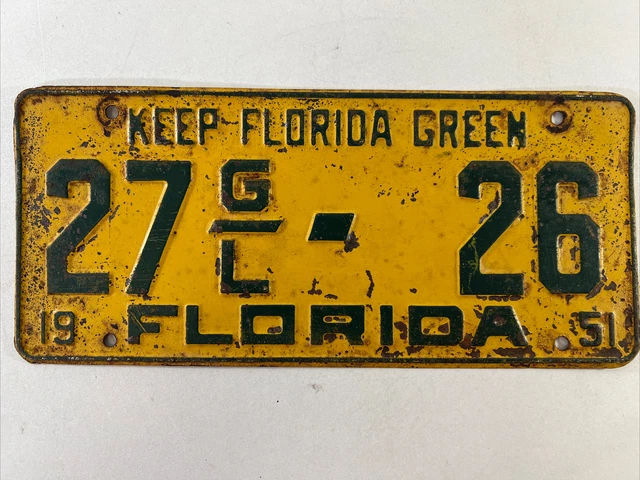 VINTAGE 1951 FLORIDA Keep Florida Green License Plate 27 G/L 26 $45.95
