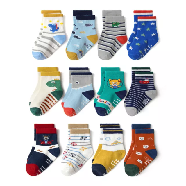 12 Pairs Baby Boy Cotton Socks Toddler Non Skid Socks with Grips Infant Newborn