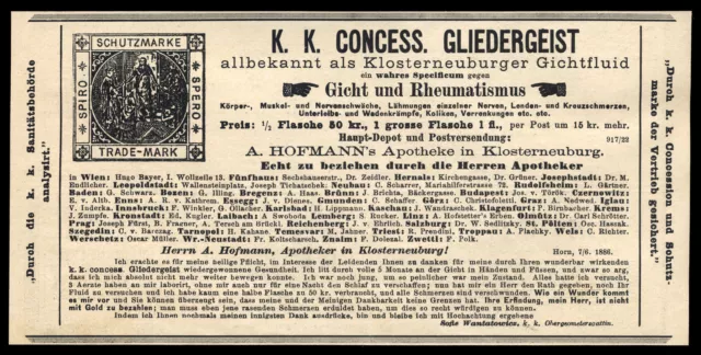 Alte Reklame 1887 K. K. CONCESS. GLIEDERGEIST Gichtfluid Apotheker A. Hofmann