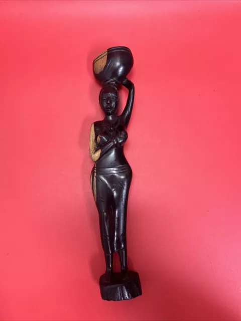 African Tribal Art Statue Woman Ebony Wood Carved Figurine Sculpture 12 In. BOHO