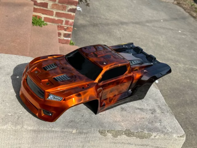 Custom Painted Rc Body, Traxxas Sledge Orange, Chrome Flames, Airbrushed