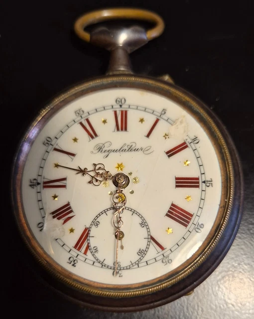 Montre Gousset Régulateur Goliath XXL - Argentée, 8 Cm, Mécanique Manuelle, Vers 1900, Occasion Fonctionnelle
