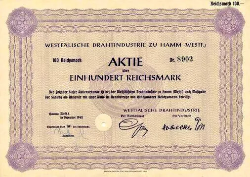 Lot 10 x Westfälische Drahtindustrie Hamm Aktie 1942 Krupp Klöckner Pampus WDI