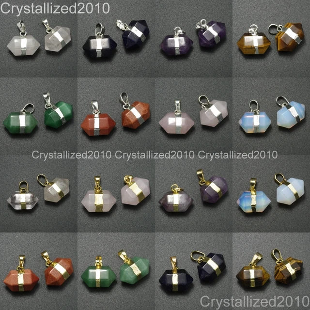 Natural Gemstone Hexagonal Prism Pointed Reiki Chakra Pendant Beads Silver Gold