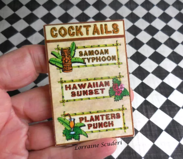 Dollhouse Miniature ~ Tiki Bar Cocktail Menu ~ Wood Sign