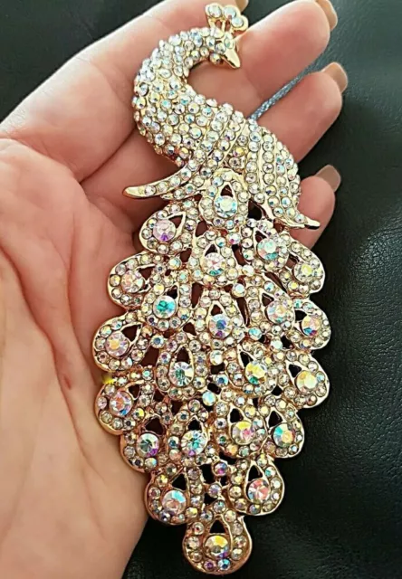 Vintage Style Very LARGE Gold Diamante Peacock BROOCH AB Crystal Broach Gift