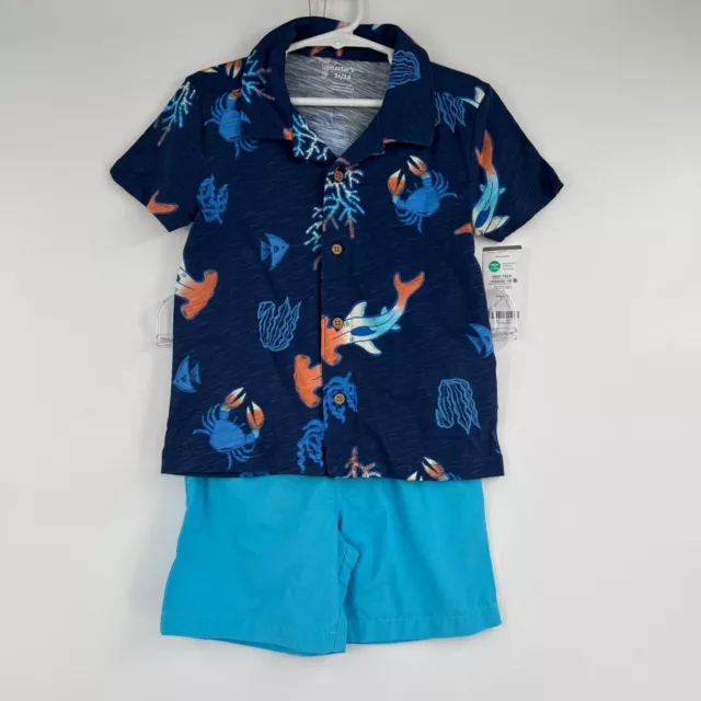Carters Tropical Button Down Shirt and Shorts Set Toddler 3T Blue Oeko-Tex NEW
