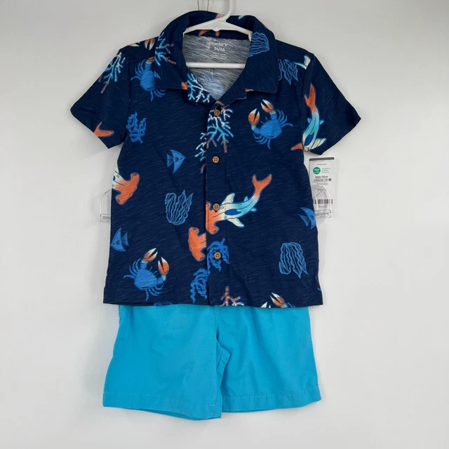 Carters Tropical Button Down Shirt and Shorts Set Toddler 3T Blue Oeko-Tex NEW