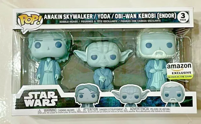3 Funko Pop Star Wars Yoda Obi-Wan Kenobi Anakin Skywalker Jedi Glow Nuovo