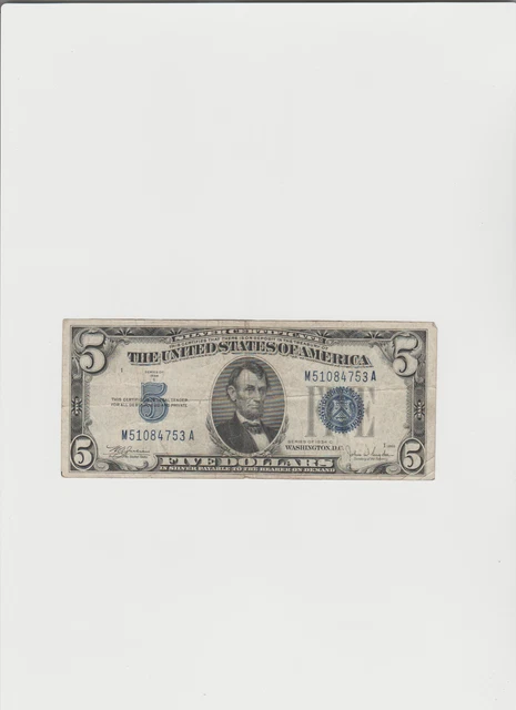 1934-C Five Dollar BLUE Seal Note Silver Certificate $5 Old US Bill Average Circ
