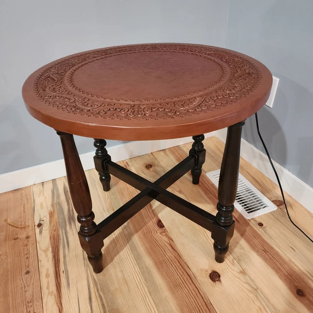 Embossed Tooled Leather and Wood Accent Table Novica Intricate Unique Side Table