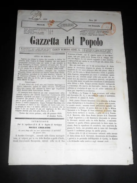 Risorgimento Cavour Torino - Giornale Gazzetta del Popolo n° 20 del 1855