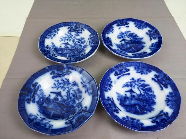 4 Antique Amoy By Davenport Flow Blue Oriental Design 5.25 Sauce Bowls 4 Antique Amoy By Davenport Flow Blue Oriental Design 5.25 Sauce Bowls