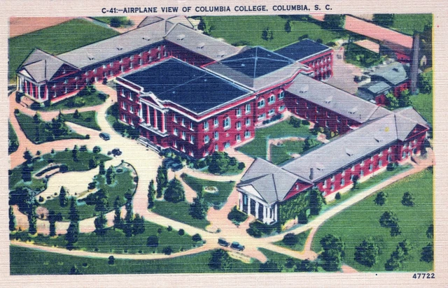Columbia South Carolina Airplane View of Columbia College Linen Postcard