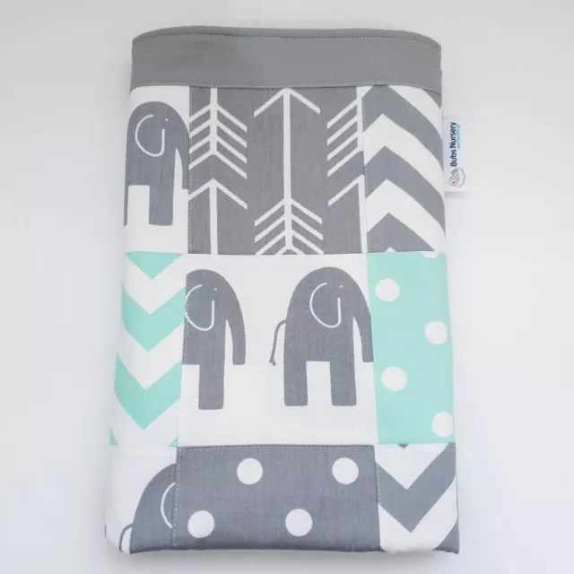 New unisex Mint, Grey + White Elephant patchwork cotton Cradle / Pram baby quilt 3