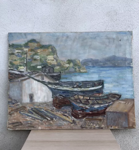 Quadro vintage -Marina Con Barche- dipinto a olio su tela