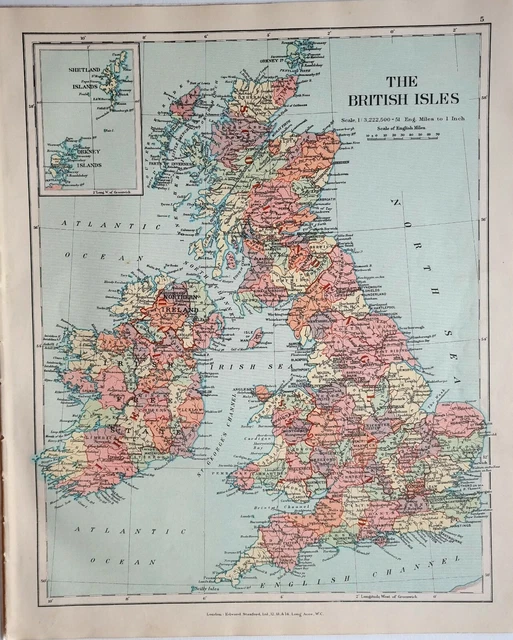 1926 Map British Isles Ireland Scotland England Shetland Orkney York Sussex