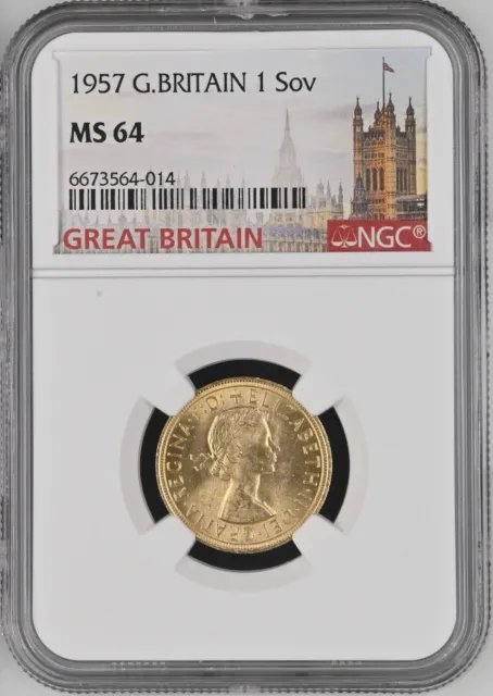 1957 Queen Elizabeth Full Gold Sovereign - Ngc Ms64 - Choice Unc - Special Label