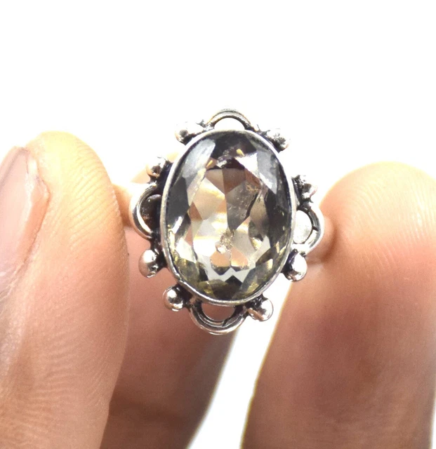 925 Sterling Silver Oval Smoky Quartz Jewelry Vintage Band Ring (US) Size-8