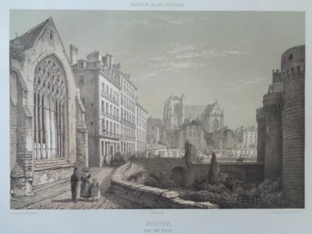 NANTES Rue des Etats View Lithograph Felix Benoist LARGE ANTIQUE ENGRAVING 1850