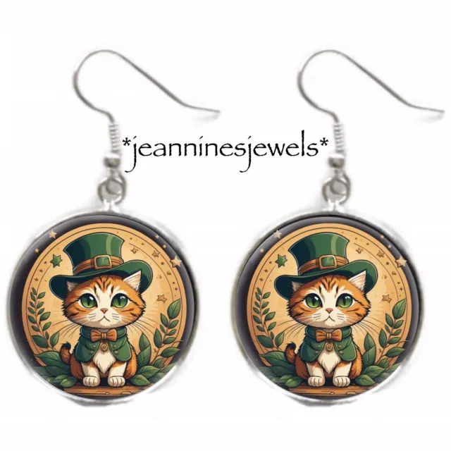 Ginger Cat EARRINGS Irish St Patricks Day Cat Mom Gift Silver Charm Dangle