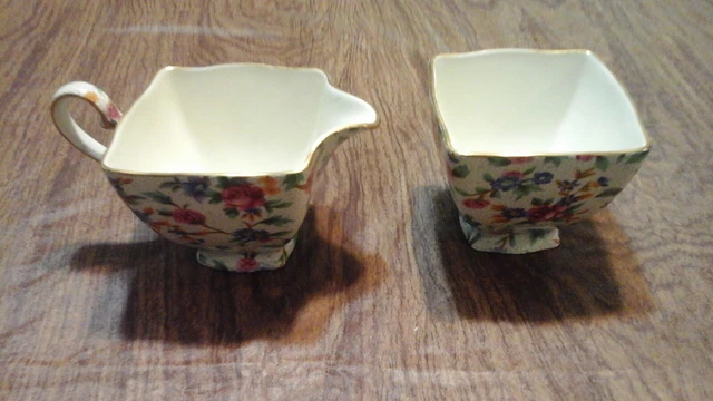 Grimwades Floral Royal Winton Old Cottage Sugar Bowl & Creamer Set Gold Trim
