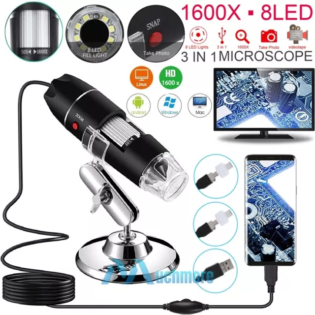 1600X Zoom HD 1080P 3in1 USB Microscope Digital Magnifier Endoscope Video Camera