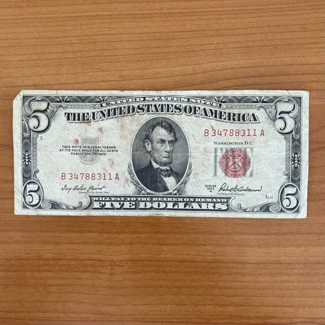 RED SEAL!   $5 US Five Dollar Note, Series 1953-A