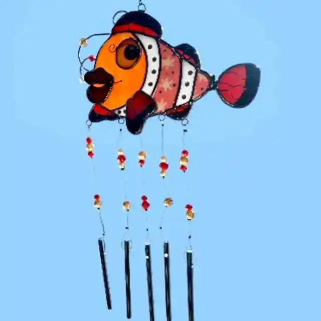 Whimsical Fish Suncatcher Wind Chime Stained Glass Crystals Orange White Striped