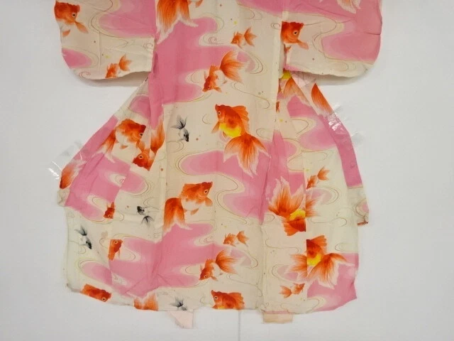 43733# Japanese Kimono / Antique Hitoe Kimono For Girls / Stream & Goldfish
