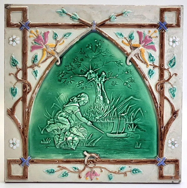 Antique Minton Hollins & Co Tile Moulded Majolica 8" C1890 Extremely Rare AE2 Antique Minton Hollins & Co Tile Moulded Majolica 8" C1890 Extremely Rare AE2