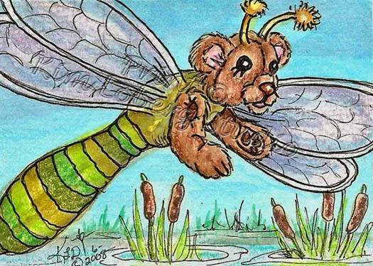 Dragon fly Bear ACEO EBSQ Loberg Mini Art Fantasy Insect cattail Reeds pond bug